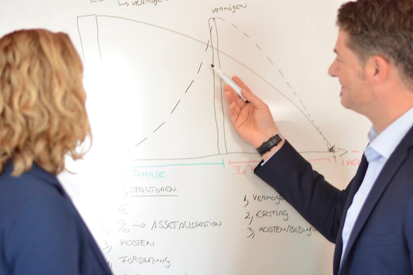 Beratung am Whiteboard - Tausch Lebenszeit in Vermögen