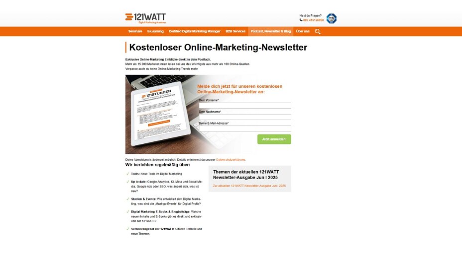 Screenshot des aktuellen Newsletter Anmeldeformular von 121WATT