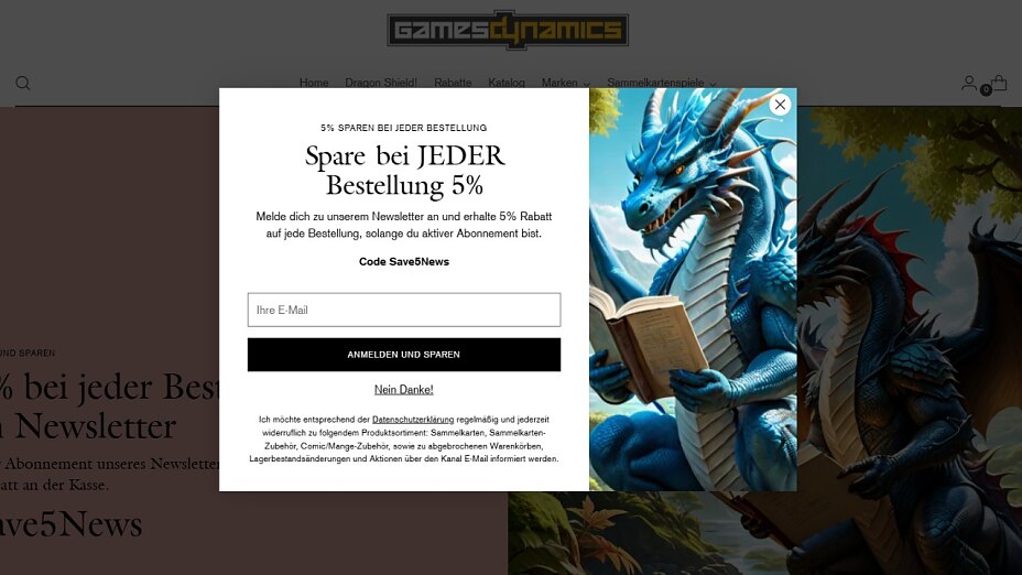 Gamesdynamics, , ein Online-Shop für Sammelkarten und Fantasy-Themen hält die Newsletter-Anmeldung einfach und effektiv Gamesdynamics, , ein Online-Shop für Sammelkarten und Fantasy-Themen hält die Newsletter-Anmeldung einfach und effektiv
