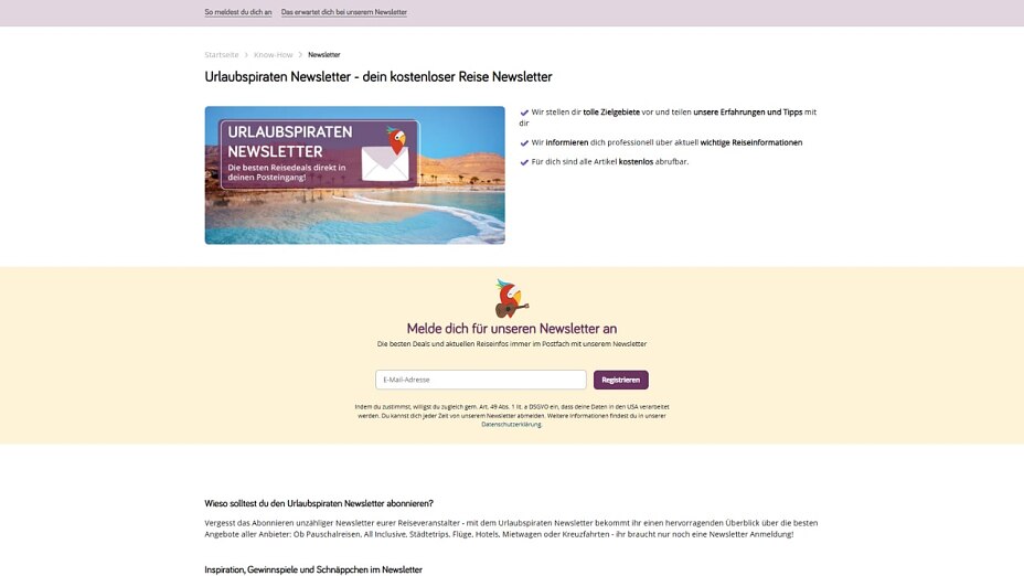 Gutes Beispiel für eine Newsletter-Anmeldung von den Urlaubspiraten durch starke visuelle Elemente