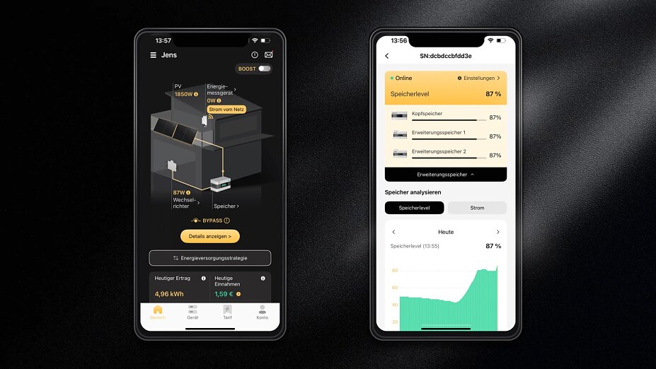Die intuitive Benutzeroberfläche der SunLit App zeigt in Echtzeit den Energiefluss, den aktuellen Speicherstand sowie Ertrag und Einnahmen – für maximale Transparenz und Kontrolle über das eigene Balkonkraftwerk.