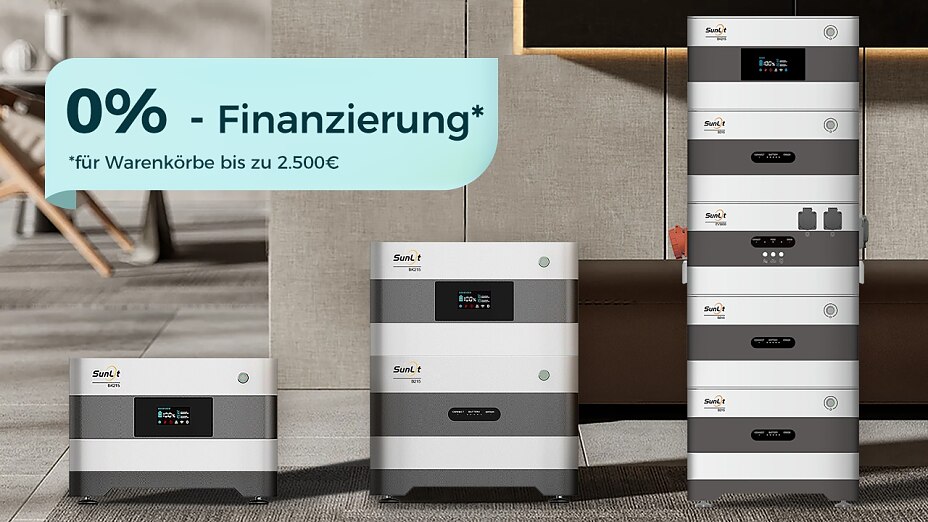 SunLit Speicher und Balkonkraftwerke mit 0 % Finanzierung – für Warenkörbe bis 2.500 €. Sinkende Stromkosten, schnelle Amortisation. Der Einstieg in eine unabhängige Stromversorgung.