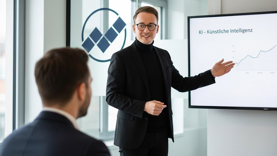 Florian Ruttkamp zeigt auf Graphen zur Künstlichen Intelligenz