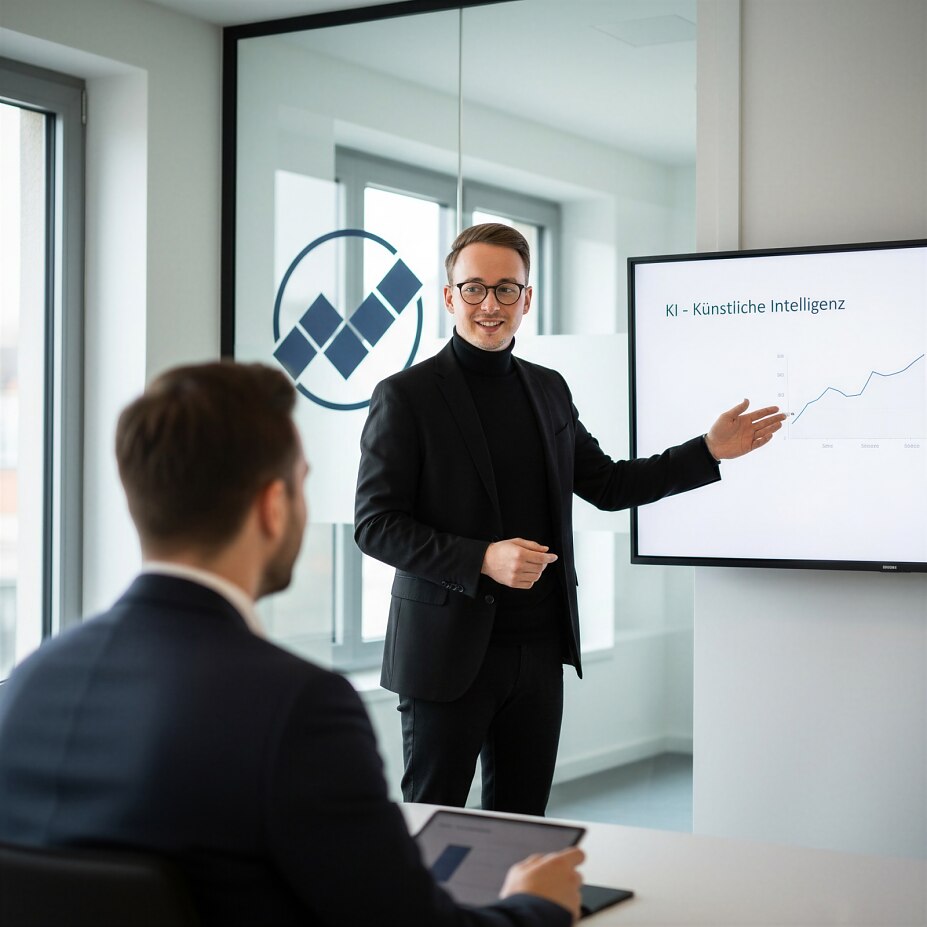 Florian Ruttkamp zeigt auf Graphen zur Künstlichen Intelligenz