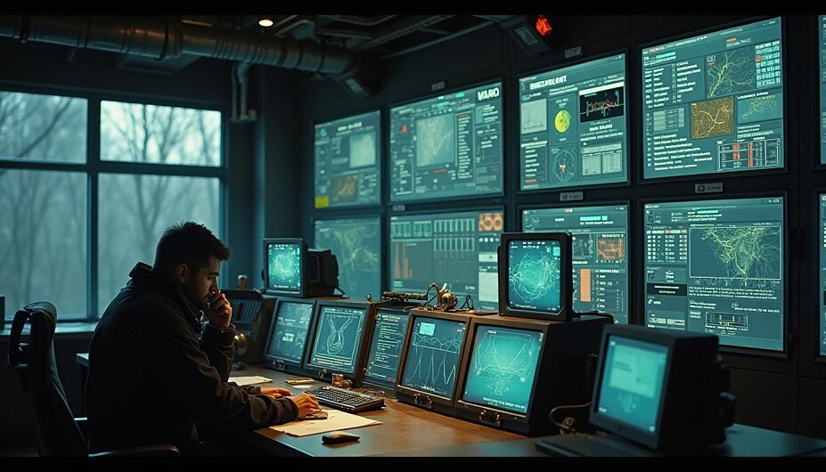 Ein Kontrollraum mit Dutzenden Bildschirmen – viele sind dunkel, andere zeigen Fehlermeldungen. Mitarbeiter telefonieren hektisch, einer tippt auf Notfallprotokolle.