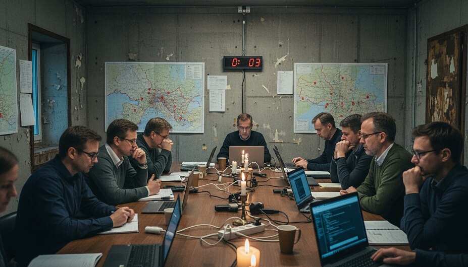 Ein improvisierter Krisenstab: Manager, IT-Spezialisten und Behördenvertreter sitzen in einem Konferenzraum bei Kerzenlicht und Notebooks. Gesichter angespannt, die Karten der Region an der Wand.