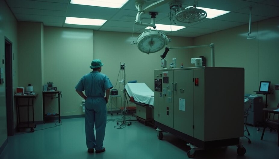 OP-Saal im Minimalbetrieb, Notstromaggregate brummen. Ärzte arbeiten mit Stirnlampen, während Monitore schwarz bleiben.