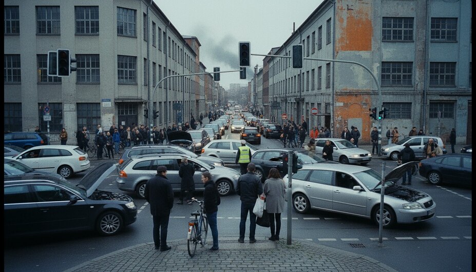 Kreuzung ohne Ampeln: Autos blockieren sich gegenseitig, ein Bus steht quer, Menschen schauen irritiert aus den Fenstern.