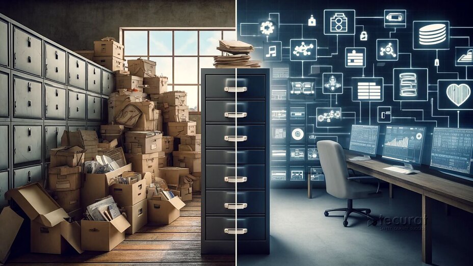 Vorher Nachher Grafik zur QMS Digitalisierung: Papier und Ordner Chaos versus digitales, workflowbasiertes QMS für ISO 13485 in der Medizintechnik