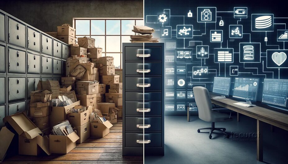 Vorher Nachher Grafik zur QMS Digitalisierung: Papier und Ordner Chaos versus digitales, workflowbasiertes QMS für ISO 13485 in der Medizintechnik