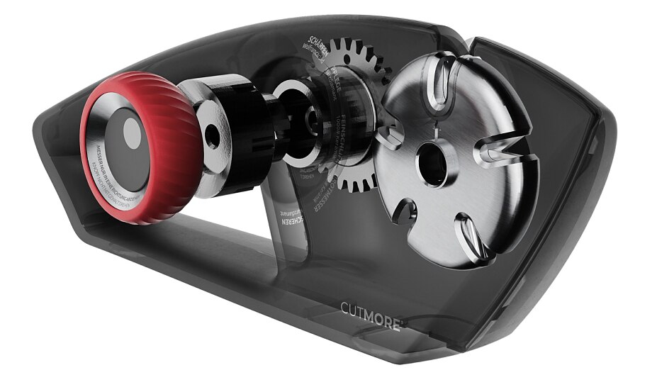 Explosionsgrafik eines Messerschärfers mit einem Revolvermechanismus zum Tauschen der Schleifstufen.