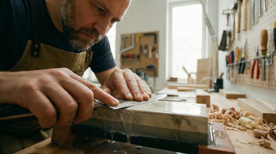 Mann schleift Messer an einem Schleifstein in seiner Werkstatt.