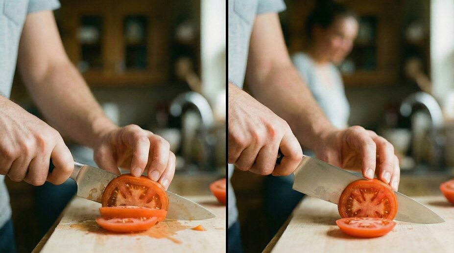 Linker Bildausschnitt: Mann schneidet Tomate mit stumpfen Messer und quetscht diese. Rechter Bildaussschnitt: Mann schneidet Tomate mühelos mit scharfem Messer.