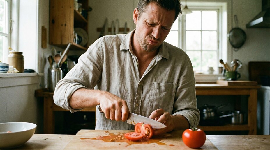 Mann versucht Tomate mit stumpfen Messer zu schneiden und ist sichtlich frustriert über das gequetschte Ergebnis.