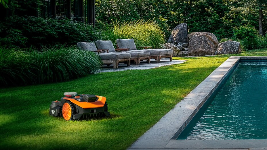WORX Landroid Vision Cloud Mähroboter auf grünem Rasen neben einem Swimmingpool, Terrasse mit Lounge-Sesseln und Felsen.