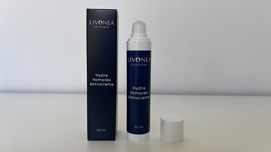 Geöffnete Flasche und Verpackung der LIVONEA Hydra Komplex Aktivcreme.