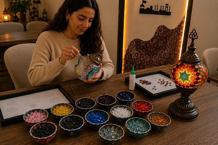 Frau gestaltet eine orientalische Mosaiklampe mit bunten Glassteinen und Perlen bei einem Mosaiklampen-Workshop in Berlin.
