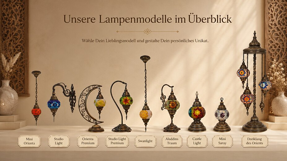 Übersicht der orientalischen Mosaiklampen-Modelle von Orient Art Studio Berlin mit verschiedenen Tisch-, Wand- und Hängeleuchten.