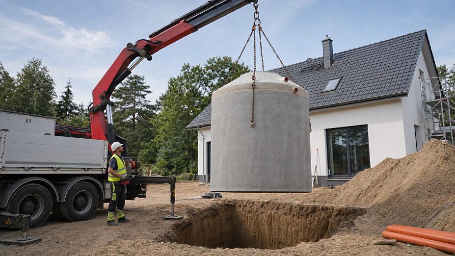 Ein Kran hebt eine monolithische Betonzisterne über einer vorbereiteten Baugrube vor einem Einfamilienhaus an. Die Zisterne wird für den Einbau einer unterirdischen Regenwassernutzungsanlage positioniert.