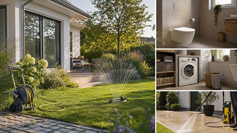 Bildcollage mit typischen Anwendungen von Regenwasser im Einfamilienhaus: Gartenbewässerung mit Rasensprenger, Toilettenspülung, Waschmaschine und Terrassenreinigung mit Hochdruckreiniger.