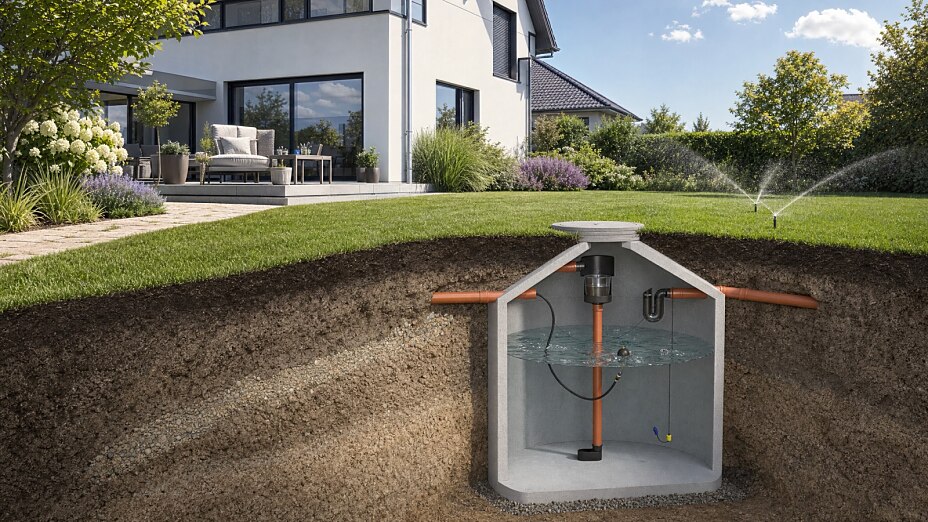 Unterirdische Betonzisterne zur Regenwassernutzung an einem Einfamilienhaus. Die Schnittgrafik zeigt Filter, Wasserspeicher und die Versorgung der Gartenbewässerung mit gespeichertem Regenwasser.