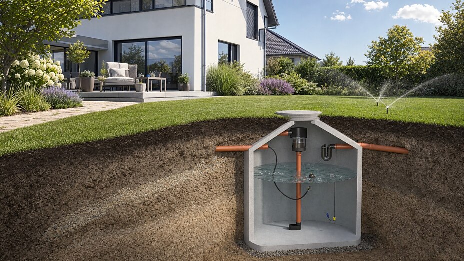 Unterirdische Betonzisterne zur Regenwassernutzung an einem Einfamilienhaus. Die Schnittgrafik zeigt Filter, Wasserspeicher und die Versorgung der Gartenbewässerung mit gespeichertem Regenwasser.