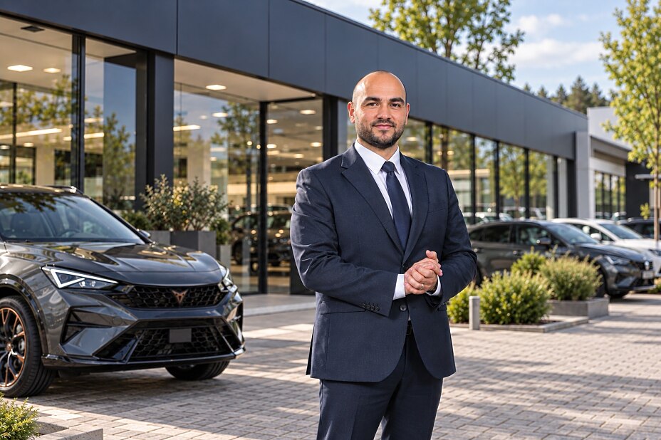 Erol Sahbaz, Verkaufsleiter für SEAT und CUPRA bei Kuhn+Witte, vor dem neuen SEAT und CUPRA Standort in Jesteburg.